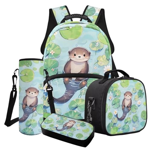 Cxdvotvy Schulranzen-Set mit Tierdruck, Rucksack-Set mit Lunchtasche, Federmäppchen, Flaschenträger für Jungen und Mädchen, Grüner Otter Lotusblatt, Schulranzen-Set von Cxdvotvy
