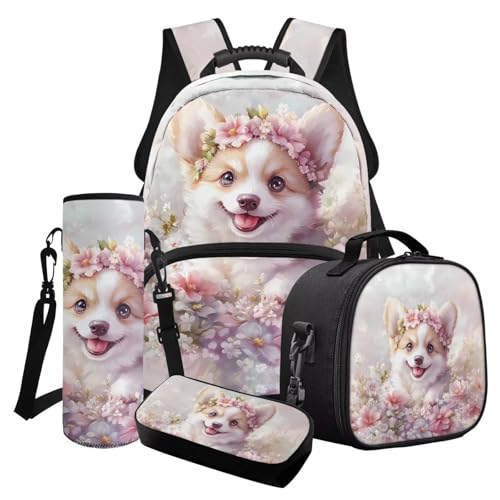 Cxdvotvy Schulranzen-Set mit Tierdruck, Rucksack-Set mit Lunchtasche, Federmäppchen, Flaschenträger für Jungen und Mädchen, Weiße Corgi-Blume, Schulranzen-Set von Cxdvotvy