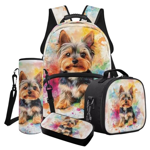 Cxdvotvy Schulranzen-Set mit Tierdruck, Rucksack-Set mit Lunchtasche, Federmäppchen, Flaschenträger für Kinder, Studenten, Multi-Yorkshire Terrier Aquarell, Schulranzen-Set von Cxdvotvy