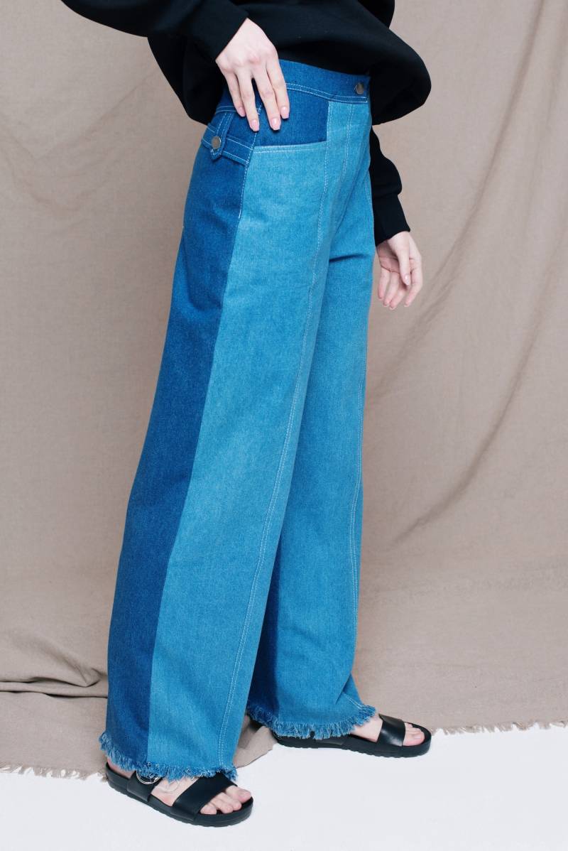 High-Rise Jeans Mit Weitem Bein Zweifarbige Denim Designerhose Designer Patchwork Jeanshose Weite Gerade von CyanStudioDesign