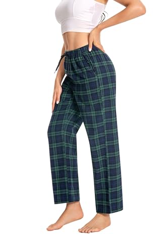 Cyathea Schlafanzughose Damen 100% Baumwolle Flannel Pyjamahose Kariert Loungehose mit Taschen Nachtwäsche Unterteil Schlafhose Weich für Frauen Verstellbaren Tunnelzugbund Grün KariertXL von Cyathea