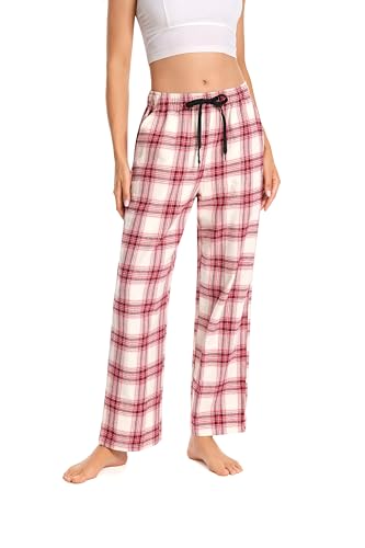 Cyathea Schlafanzughose Damen 100% Baumwolle Flannel Pyjamahose Kariert Loungehose mit Taschen Nachtwäsche Unterteil Schlafhose Weich für Frauen Verstellbaren Tunnelzugbund Rosa KariertS von Cyathea