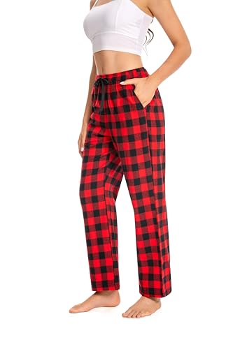 Cyathea Schlafanzughose Damen 100% Baumwolle Flannel Pyjamahose Kariert Loungehose mit Taschen Nachtwäsche Unterteil Schlafhose Weich für Frauen Verstellbaren Tunnelzugbund Rot KariertXL von Cyathea