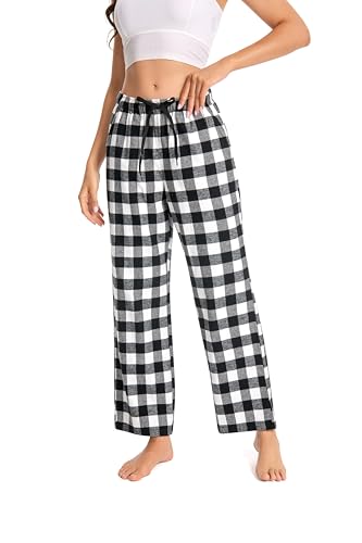 Cyathea Schlafanzughose Damen 100% Baumwolle Flannel Pyjamahose Kariert Loungehose mit Taschen Nachtwäsche Unterteil Schlafhose Weich für Frauen Verstellbaren Tunnelzugbund Schwarz KariertXXL von Cyathea