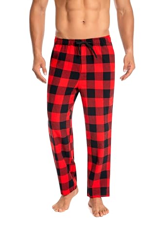 Cyathea Schlafanzughose Herren 100% Baumwolle Flannel Pyjamahose Kariert Loungehose mit Taschen Nachtwäsche Unterteil Schlafhose Weich für Männer Verstellbaren Tunnelzugbund Rot KariertXXL von Cyathea