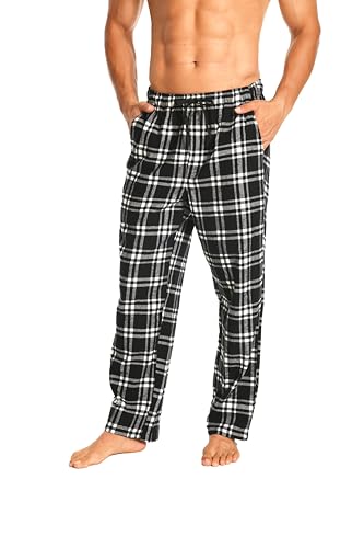 Cyathea Schlafanzughose Herren 100% Baumwolle Flannel Pyjamahose Kariert Loungehose mit Taschen Nachtwäsche Unterteil Schlafhose Weich für Männer Verstellbaren Tunnelzugbund Schwarz KariertM von Cyathea
