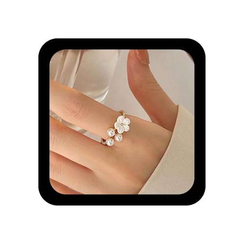 Cybche Boho Acryl Blume Perlenring Gold Kleine Perle Fingerringe Hochzeit Weiße Blume Ringe Harz Kamelie Floral Knöchel Ring Schmuck Für Frauen von Cybche
