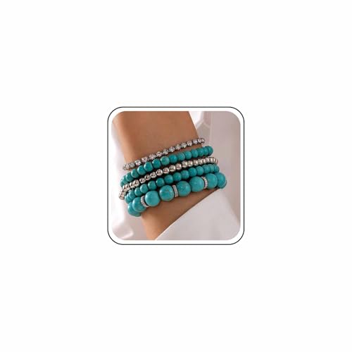 Cybche Boho Blau Türkis Armband Set Strass Tennis Armbänder Silber Rund Kugel Armband Türkis Stein Perlen Armbänder Mehrlagig Stapelbar Armband Schmuck Für Frauen von Cybche