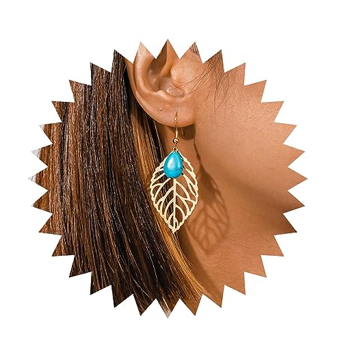 Cybche Boho Blau Türkis Ohrringe Gold Hohl Blatt Ohrringe Blatt Türkis Tropfen Ohrringe Türkis Tropfen Haken Ohrringe Tribal Türkis Blatt Statement Ohrringe Schmuck Für Frauen von Cybche