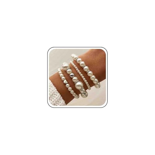 Cybche Boho Geschichtet Perle Armband Set Silber Kugel Perlen Armband Hochzeit Stapelbar Stretch Elastische Armbänder Kleine Liebe Herz Armreif Knöchel Handgelenk Schmuck Für Frauen von Cybche