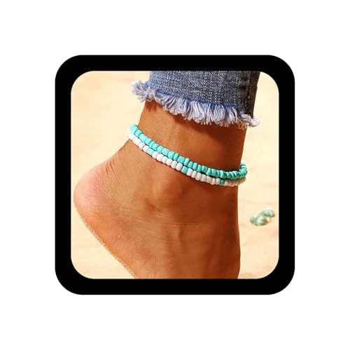 Cybche Boho Geschichtet Türkis Knöchel Armband Geschichtet Perlen Fußkettchen Blau Weiß Handmade Perlen Fußkette Türkis Sommer Strand Fußkettchen Schmuck Für Frauen von Cybche