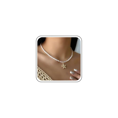 Cybche Boho Gold Seestern Anhänger Halskette Kleine Samen Perlen Halsketten Choker Hochzeit Perlen Halskette Kette Sommer Strand Ozean Seestern Halsketten Schmuck Für Frauen von Cybche