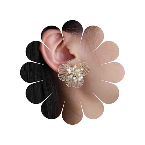 Cybche Boho Große Blume Ohrringe Cluster Perle Strass Blume Ohrstecker Gold Übertrieben Metallische Textur Blütenblatt Floral Erklärung Ohrringe Brautschmuck Für Frauen von Cybche