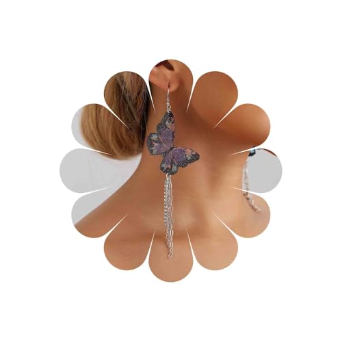 Cybche Boho Große Schmetterling Baumeln Haken Ohrringe Lila Schmetterling Kristall Quaste Ohrringe Silber Lange Quaste Strass Kette Ohrringe Übertrieben Schmetterling Ohrringe Schmuck Für Frauen von Cybche