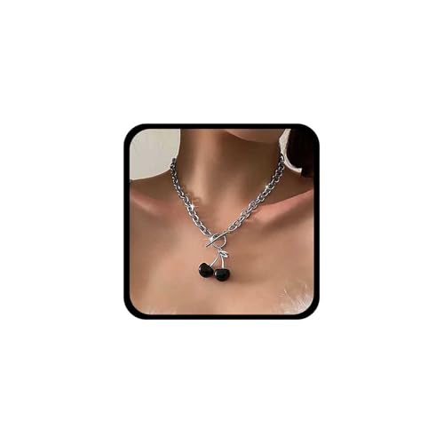 Cybche Boho Kirsche Anhänger Halskette Schwarze Kirsche Halskette Silber Büroklammer Kette Choker Halskette Kirsche Obst Halskette Kippverschluss Kette Halskette Schmuck Für Frauen von Cybche