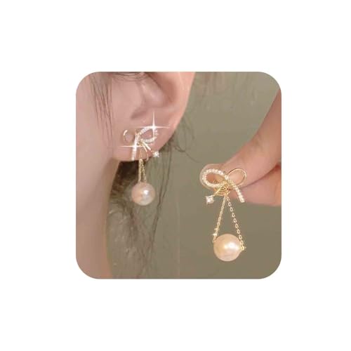 Cybche Boho Kristall Bogen Ohrringe Lange Kette Perle Tropfen Baumeln Ohrringe Hochzeit Funkelnde Pave Cz Bowknot Ohrstecker Zierlich Strass Band Fliege Ohrring-Schmuck Für Frauen von Cybche