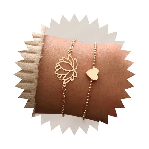 Cybche Boho Lotus Blumen Armband Gold Kleines Herz Armband Hohl Floral Armband Seerose Armband Liebes Herz Armreif Armband Verstellbar Blume Hand Kette Armband Schmuck Für Frauen von Cybche