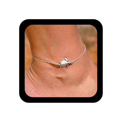 Cybche Boho Meeresschildkröte Fußkettchen Silber Schildkröte Fußkettchen Ozean Schildkröte Fußkettchen Minimalistische Tier Fußkettchen Sommer Strand Fußkette Schmuck FürFrauen von Cybche