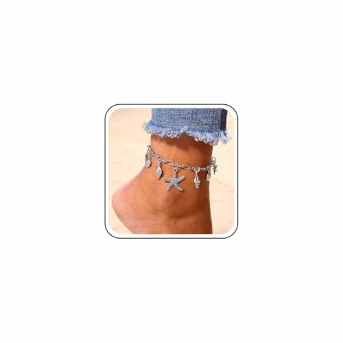 Cybche Boho Muschel Seestern Fußkettchen Armband Silber Muschel Seestern Fußkettchen Sommer Strand Ozean Schmuck Büroklammer Kette Fuß Accessoire Schmuck Für Frauen von Cybche