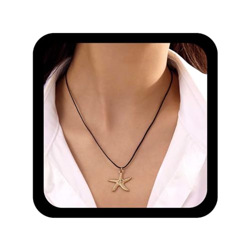 Cybche Boho Ozean Seestern Anhänger Halskette Schwarz Leder Choker Halskette Gold Seestern Halsketten Kette Einstellbar Leder Schnur Halsketten Seestern Choker Schmuck Für Frauen (Stern Fisch) von Cybche