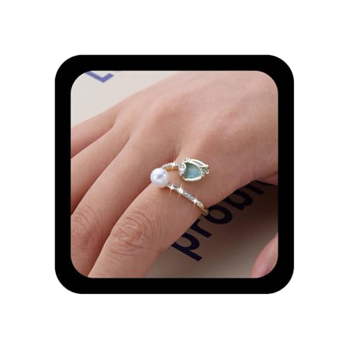 Cybche Boho Perle Blume Offen Ring Geburtsstein Tulpe Floral Band Ring Einstellbar Diamant Cz Strass Blume Knöchel Fingerringe Hochzeit Brautschmuck Für Frauen von Cybche