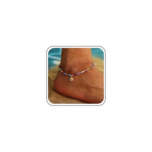 Cybche Boho Regenbogen Perlen Fußkettchen Armband Bunte Samen Perle Fußkettchen Gold Jakobsmuschel Baumeln Fußkettchen Sommer Strand Regenbogen Reis Perle Fuß Kette Schmuck Für Frauen von Cybche