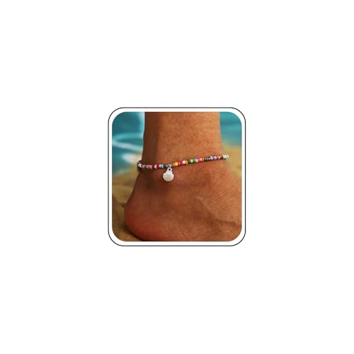 Cybche Boho Regenbogen Perlen Fußkettchen Armband Bunte Samen Perlen Fußkettchen Silber Jakobsmuschel Baumeln Fußkettchen Sommer Strand Regenbogen Reis Perle Fuß Kette Schmuck Für Frauen von Cybche