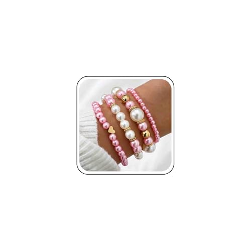 Cybche Boho Rosa Geschichteten Perle Armband Set Gold Ball Perlen Armband Hochzeit Stapelbar Stretch Elastische Armbänder Kleine Liebe Herz Armreif Knöchel Handgelenk Schmuck Für Frauen von Cybche