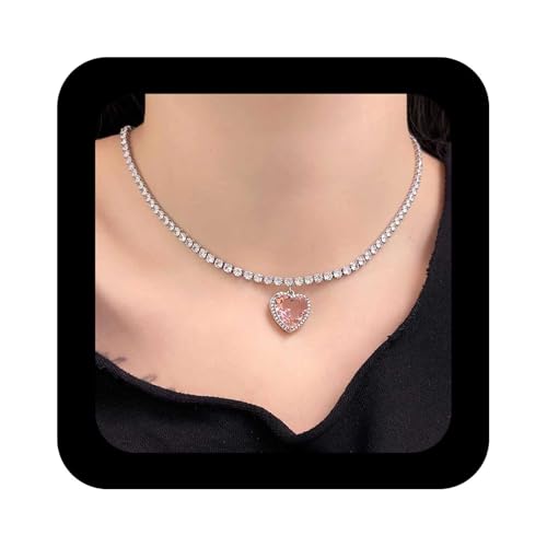 Cybche Boho Rosa Kristall Herz Halskette Silber Tennis Choker Halskette Tennis Kette Halskette Rosa Edelstein Herz Kette Halskette Cz Herz Anhänger Halskette Schmuck Für Frauen von Cybche