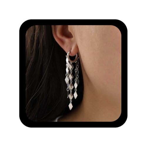Cybche Boho Silber Quaste Kette Hoop Ohrringe Lange Huggie Drop Ohrringe Metall Kleine Pailletten Baumeln Ohrring Minimalistischen Kronleuchter Aussage Ohrring Quadratischen Huggie Hoop Schmuck von Cybche