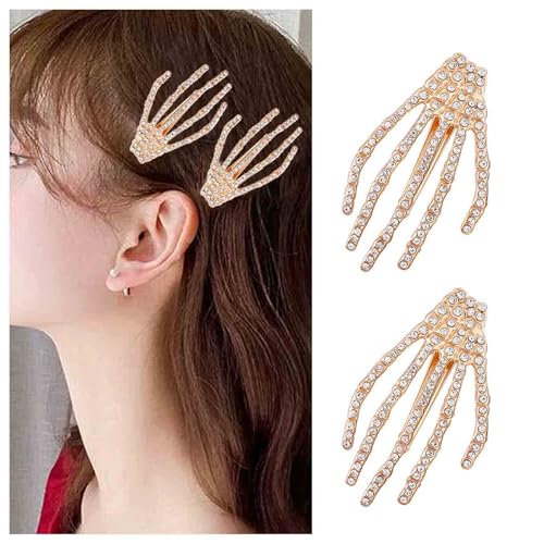 Cybche Gothic Skelett Hand Haarspange Gold Totenkopf Haarnadel Strass Skelett Hand Haarspange Totenkopf Hand Haarspange Geister Hand Pins Clips Barrette Halloween Side Clip Barrette Dekorativer von Cybche