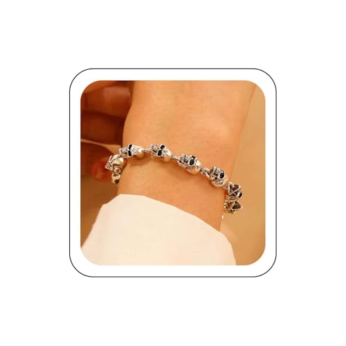 Cybche Gothic Totenkopf Armband Silber Totenkopf Gesicht Gliederkette Armband Gruselig Halloween Skelett Armbänder Skelett Aussage Hand Kette Fußkettchen Handgelenk Schmuck Für Frauen von Cybche