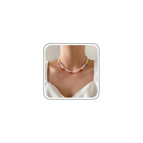 Cybche Kirsch Perlen Halskette Choker Perle Kirsch Halskette Rot Kirsch Kette Halskette Kirsch Perle Clavicle Halskette Rubin Kirsche Baumeln Halskette Schmuck Für Frauen von Cybche