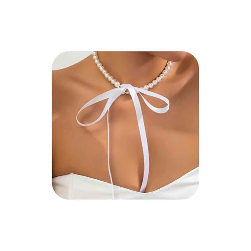 Cybche Perle Weiße Halskette Halskette Lange Weiße Schleife Halskette Perlenkette Halskette Perlenschleife Halskette Barock Perlenkette Schmuck Für Frauen von Cybche