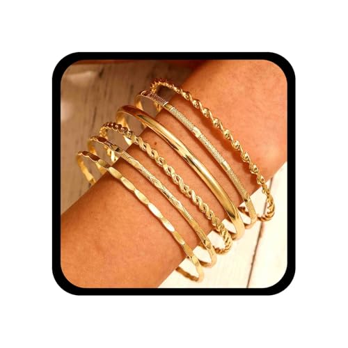 Cybche Punk Gefüllt Gehämmertes Armband Gold Armreif Armband Dünne Runde Armreif Armbänder Textur Stapeln Armband Scharnier Klassische Armband Schmuck-Set Für Frauen (gold2) von Cybche