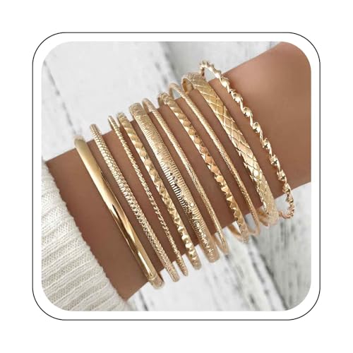 Cybche Punk Gefüllt Gehämmertes Armband Gold Armreif Armband Dünne Runde Armreif Armbänder Textur Stapeln Armband Scharnier Klassische Armband Schmuck-Set Für Frauen (gold3) von Cybche