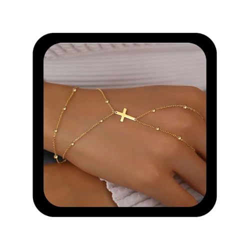 Cybche Punk Kreuz Finger Ring Armband Gold Kreuz Armband Kreuz Sklave Armbänder Verstellbar Kreuz Hand Kette Kugelkette Harness Armbänder Schmuck Für Frauen von Cybche
