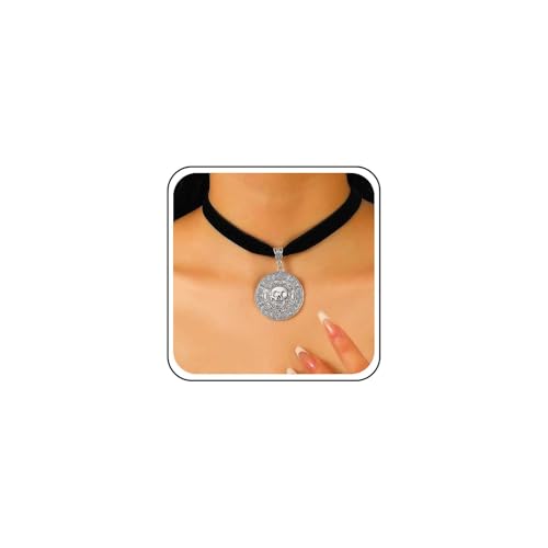 Cybche Totenkopf Münze Anhänger Halskette Silber Totenkopf Samt Halskette Choker Große Scheibe Anhänger Halskette Kurz Schwarz Wildleder Kragen Halskette Münze Medaillon Choker Halskette Schmuck von Cybche