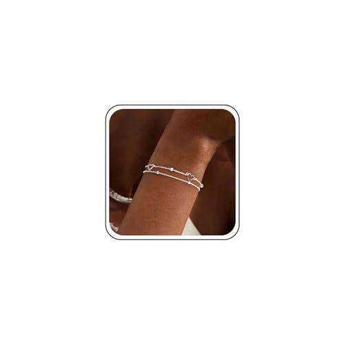 Cybche Vintage Geschichtet Herz Armband Kleine Runde Perlen Satellit Armband Silber Hohlen Herz Liebe Hand Kette Einstellbar Geschichteten Perlen Kette Armbänder Fußkettchen Handgelenk Schmuck Für von Cybche