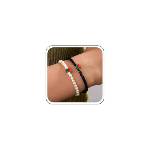 Cybche Vintage Geschichtet Perle Armband Set Weiße Perle Armbänder Schwarze Samen Perlen Armband Perlen Stapelbar Stretch Elastische Armbänder Kirsche Armreif Fußkettchen Handgelenk Schmuck von Cybche