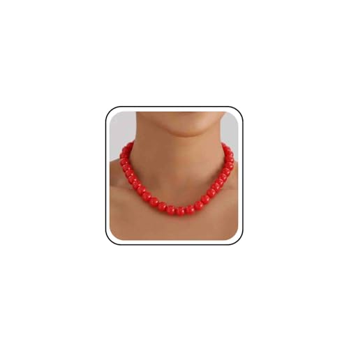 Cybche Vintage Große Rote Perlen Choker Halskette Große Klobige Runde Perlen Halsketten Runde Perlens Strang Halsketten Rote Perlens Kragen Kette Halskette Aussage Schmuck Für Frauen von Cybche