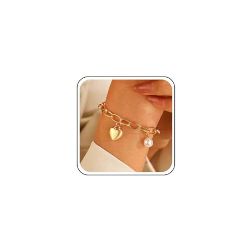 Cybche Vintage Herz Perlen Armband Gold Klobige Büroklammer Link Kette Armband Geschwollenes Herz Liebe Anhänger Armbänder Runde Perle Perle Baumeln Hand Kette Fußkettchen Handgelenk Schmuck Für von Cybche