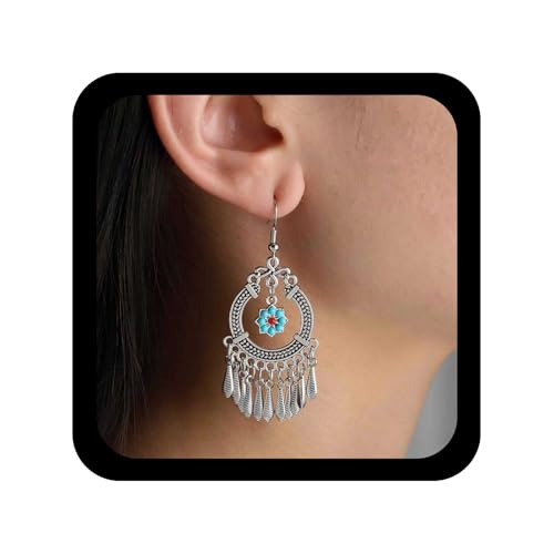 Cybche Vintage Kreis Kronleuchter Baumeln Ohrringe Ethnischen Silber Quaste Ohrringe Türkis Blume Ohrring Stammes-Anweisung Ohrring Schmuck Für Frauen von Cybche