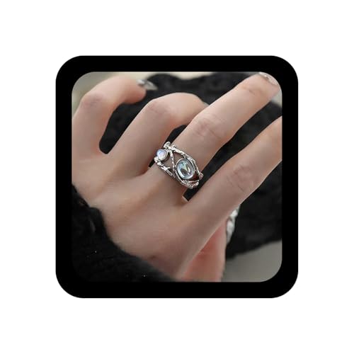 Cybche Vintage Mondstein Geburtsstein Ring Silber Einstellbar Offen Oval Edelstein Ring Gothic Halloween Hohl Opal Knöchel Finger Ringe Statement Schmuck Für Frauen von Cybche