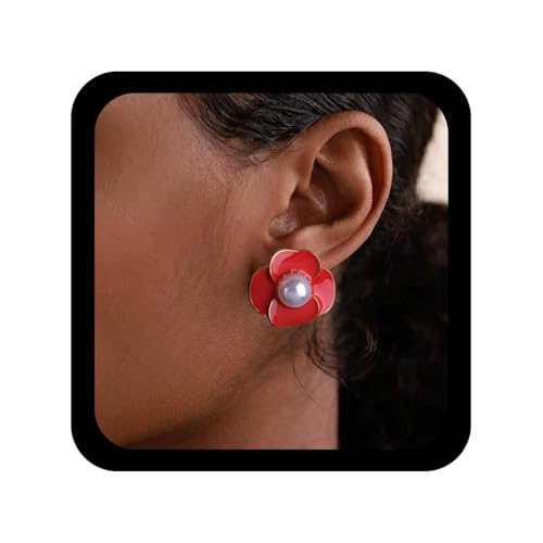 Cybche Vintage Perle Blume Ohrstecker Ohrringe Rot Floral Ohrstecker Emaille Blume Ohrring Kamelie Floral Ohrring Braut Perlenschmuck Für Frauen von Cybche