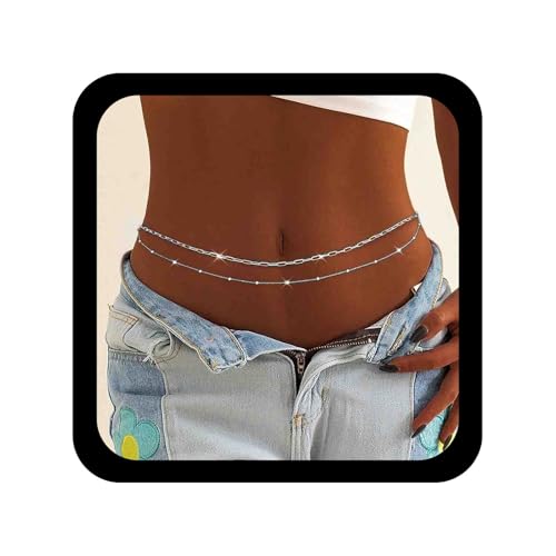 Cybche Vintage Silber Taille Kette Büroklammer Bauch Ketten Minimal Körper Kette Geschichtet Taille Gürtel Einstellbar Bikini Körper Schmuck Zubehör Für Frauen (Silber) von Cybche