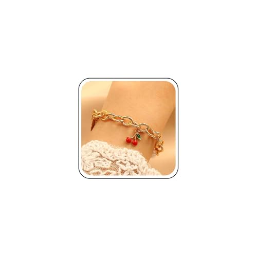 Cybche Vintage niedliches Kirscharmband Rot Kirsche Pendent Armband Gold Chunky Link Kette Armbänder Blatt Perl Handkette Süße Fruchtarmbänder Kochbrand Handgelenk Schmuck für Frauen von Cybche