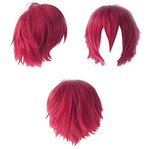 Anime Cosplay Perücke Dunkelrot Kurze Perücken Damen Herren Synthetische Gerade Fancy Dress Perücke Gewellt Glatt Perücken Halloween Karneval Kostüm Party Perücke mit Gratis Mütze für Frauen Männer von Cybelleza