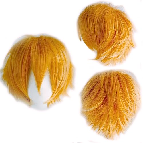 Anime Cosplay Perücke Orange Kurze Perücken Damen Herren Synthetische Gerade Fancy Dress Perücke Gewellt Glatt Perücken Halloween Karneval Kostüm Party Perücke mit Gratis Mütze für Frauen Männer von Cybelleza