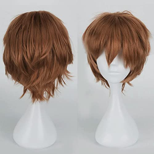 Anime Perücke Braun Kurze Anime Cosplay Perücken Halloween Perücke für Damen Herren Synthetische Perücke Gewellt Glatt Perücke Karneval Kostüm Party Perücke mit Gratis Mütze, Hellbraun von Cybelleza